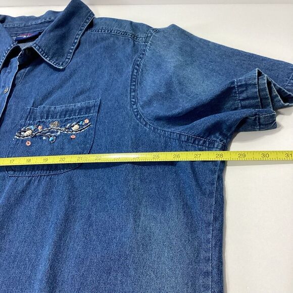 Vintage CST Blues Blue Denim Button-Up Shirt with Floral Embroidery Shells 3X - Picture 8 of 8